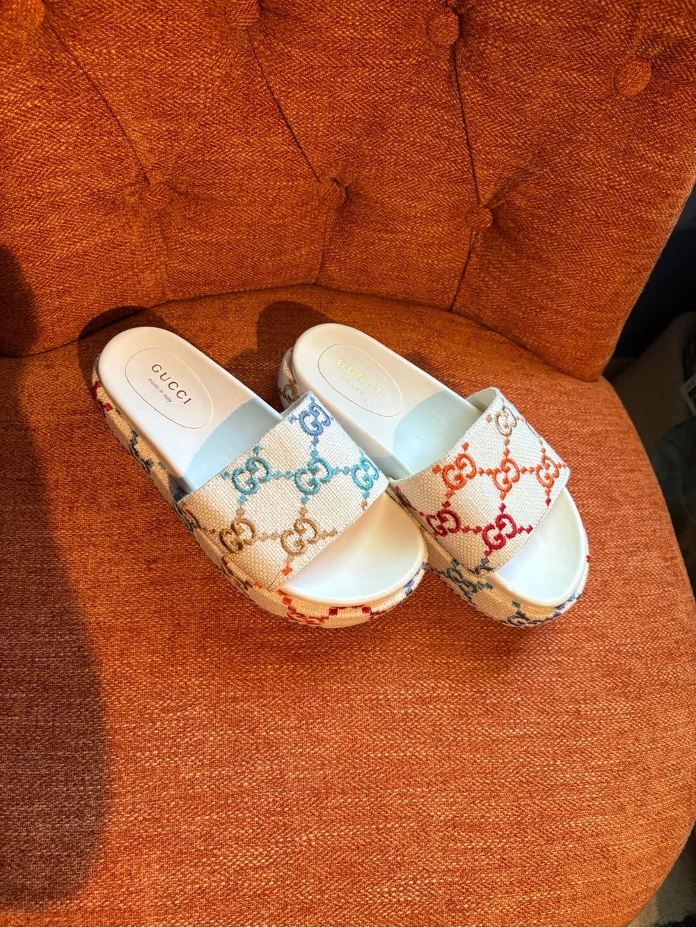 Gucci Angelina Multicolor GG Logo Platform Slides Sandals